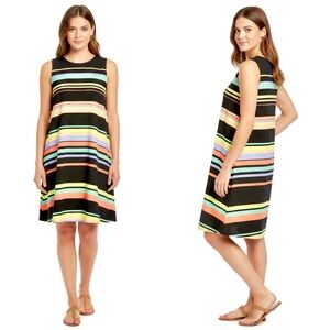 HALOGEN Black & Rainbow Stripe Sleeveless Shift Dress - Size Medium